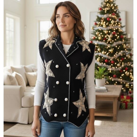 Vintage Sweaters - VTG 90s Bellepointe Holiday Sweater Vest Small Christmas Knit Cardigan Stars Top